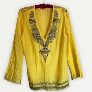 Hale Bob Cabana Yellow Embellished Embroidered Tunic Top size Small